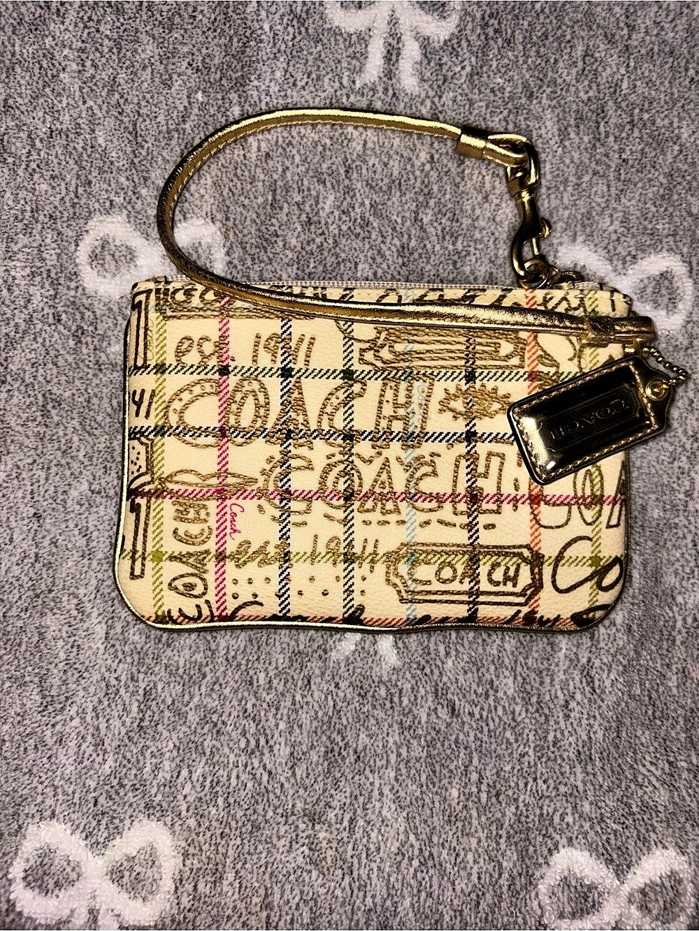 COACH Poppy Graffiti Plaid Wristlet Cream & Pink